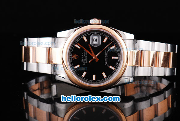 Rolex Datejust Oyster Perpetual Chronometer Automatic with Black Dial and Rose Gold Bezel-Two Tone Strap - Click Image to Close